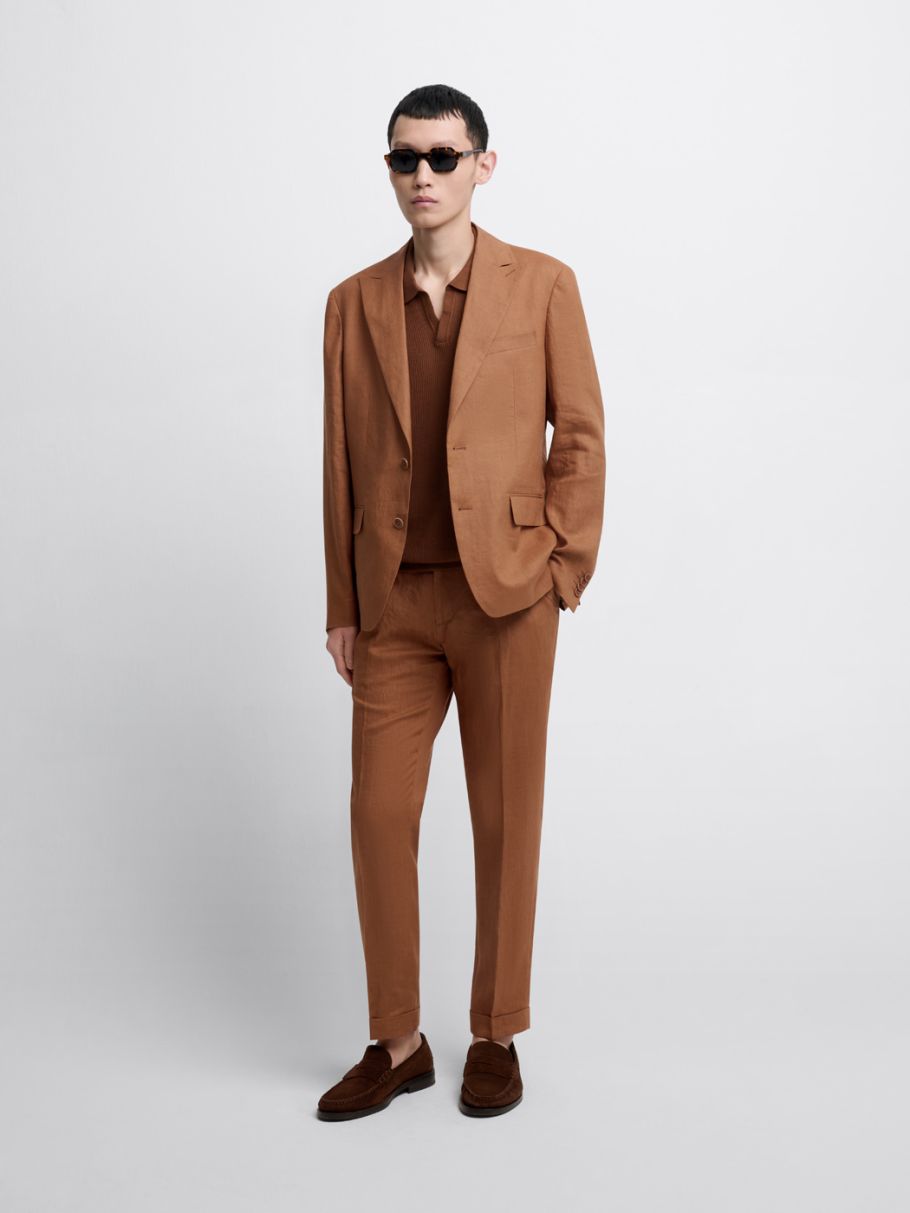 Costume 2 pièces slim en lin caramel