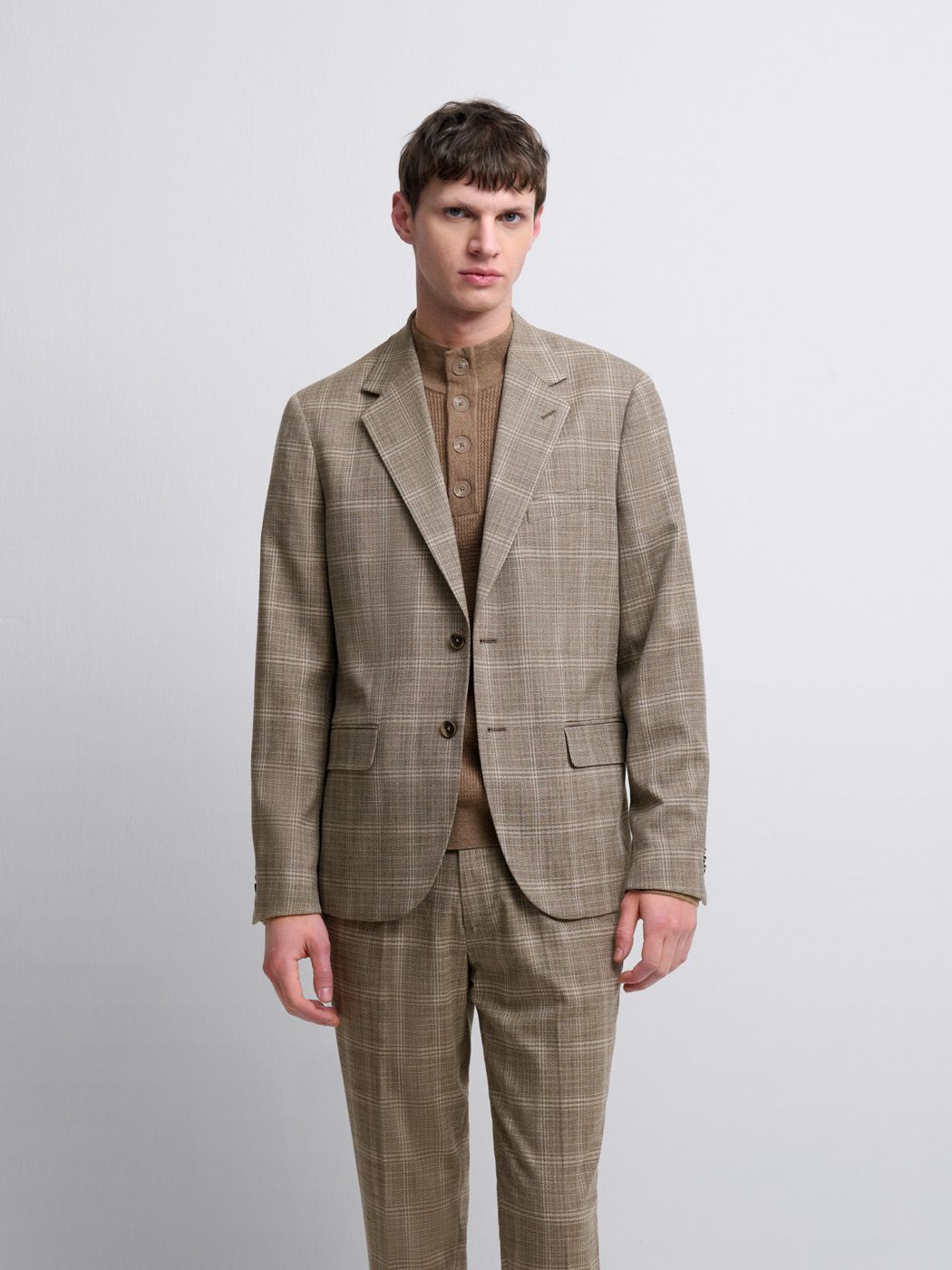 Costume 3 pièces slim beige à carreaux