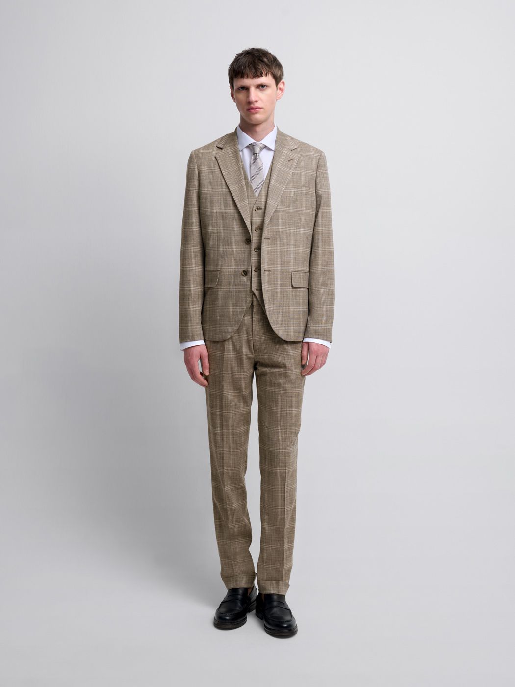 Costume 3 pièces slim beige à carreaux