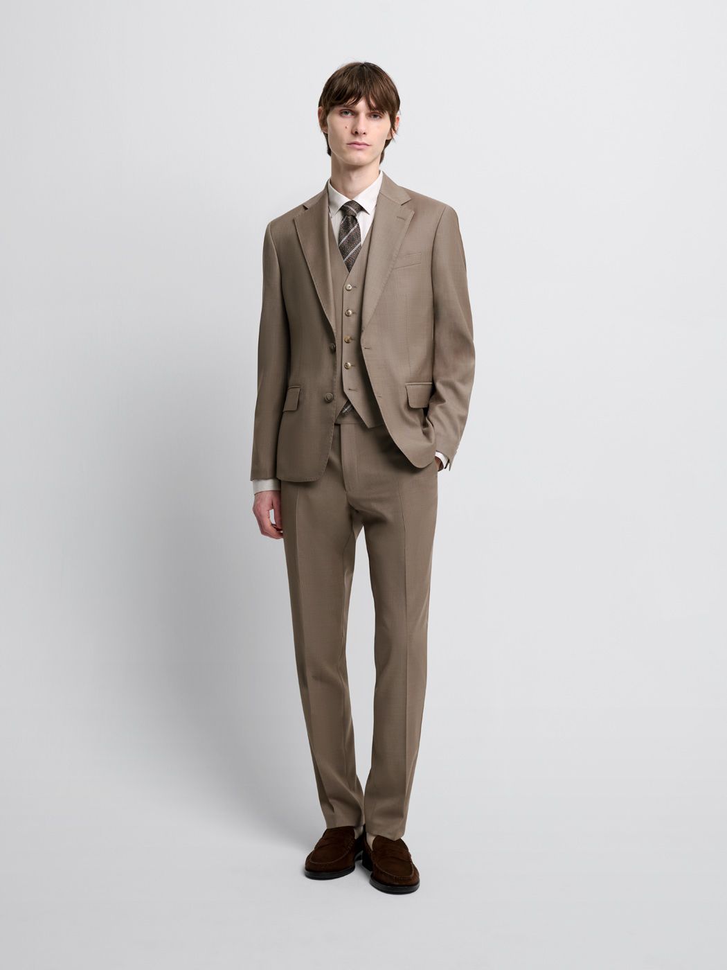 Costume 3 pièces slim en laine marron clair